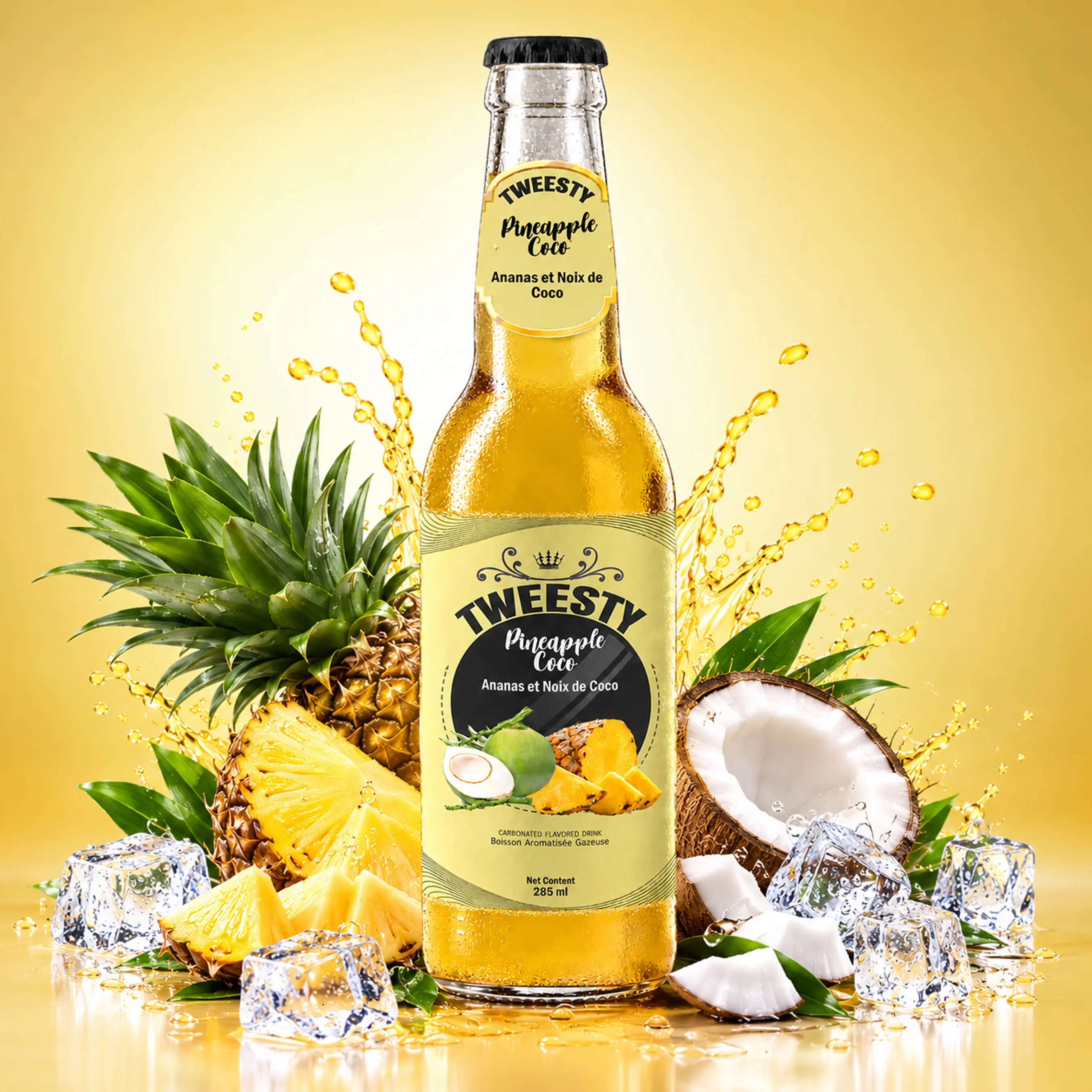TWEESTY Pineapple Coco carbonated flavoured drink 285ml glass bottle with pineapple, coconut and ice